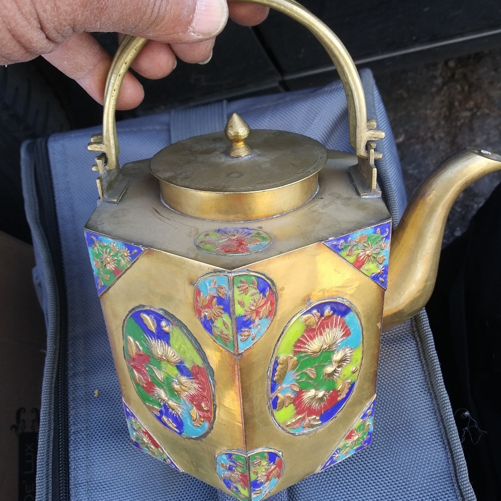 Antique chinese Tea pot brass enameled